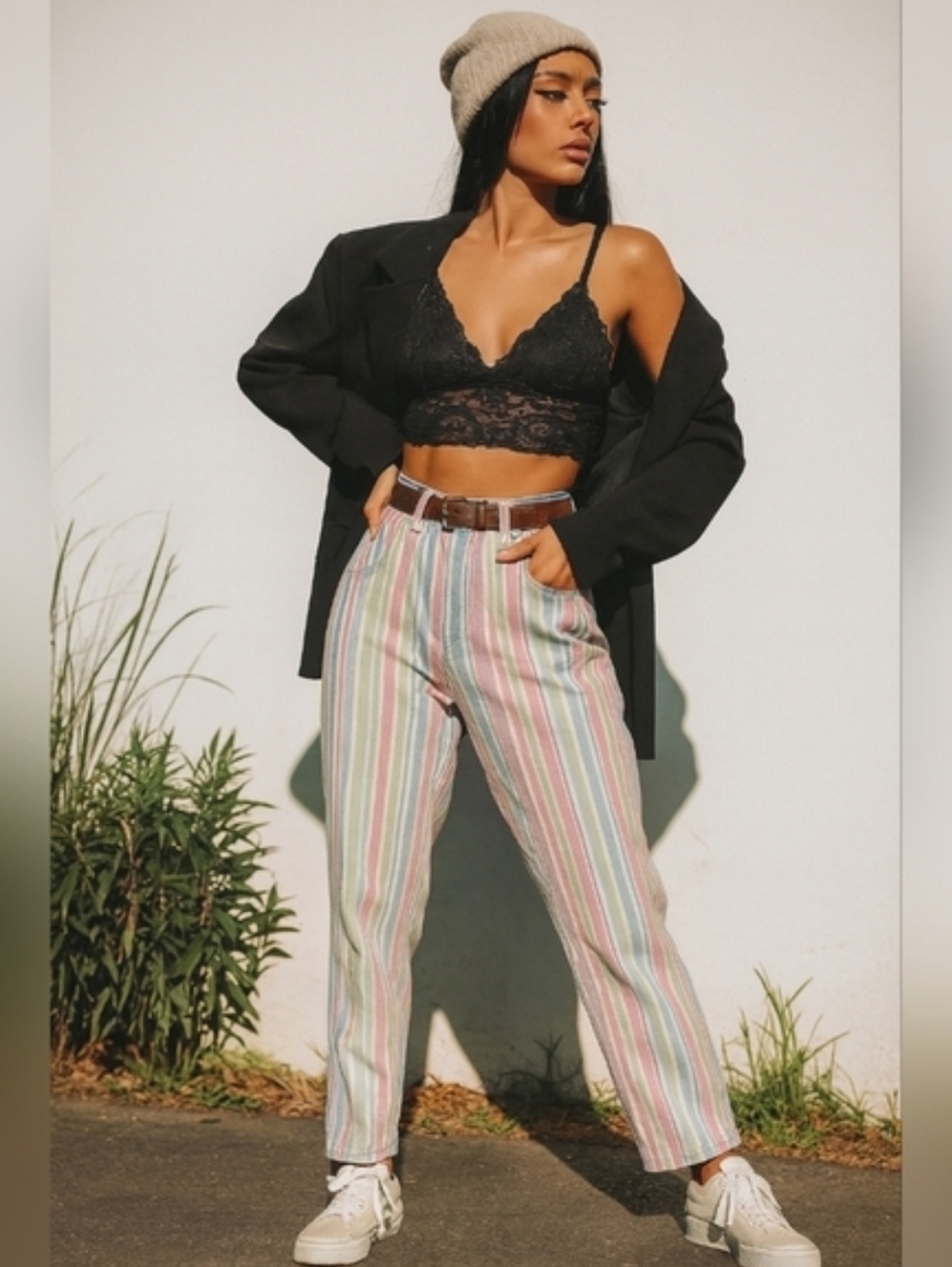 Vintage Eaton Attitude Pastel Candy Striped Jeans Size 12 High Waisted Pants